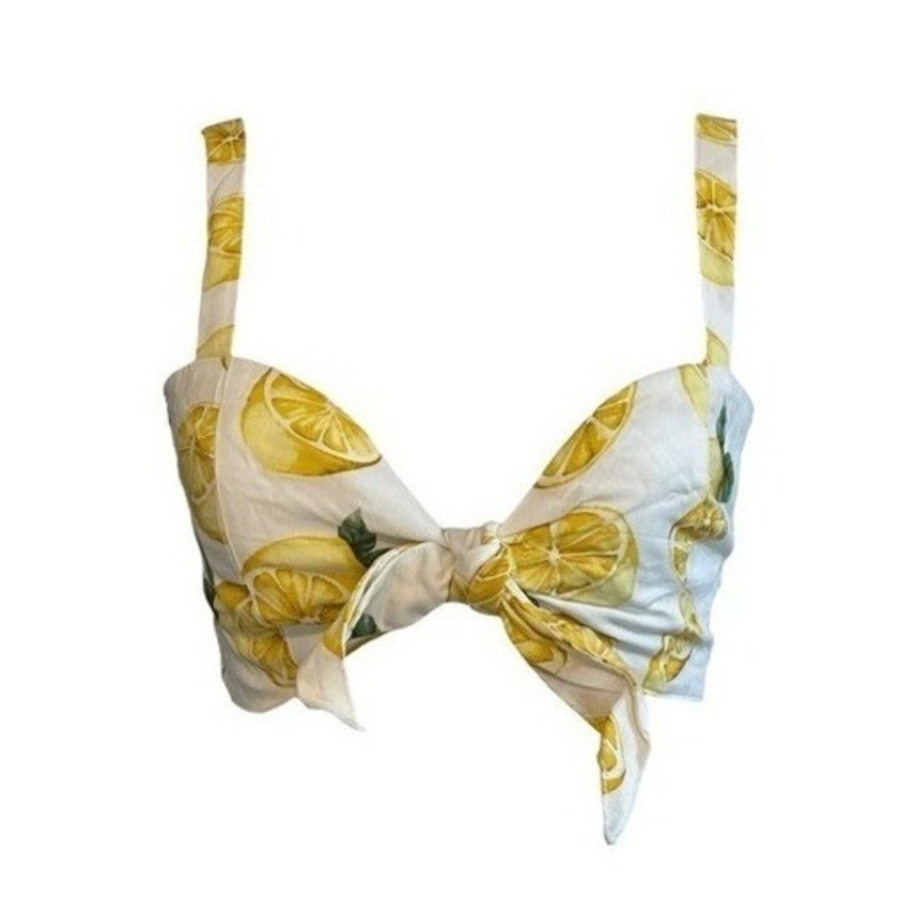 Forever‎ 21 Lemon Print Bralette Crop Top White Yellow Woven Knit Sleeveless S